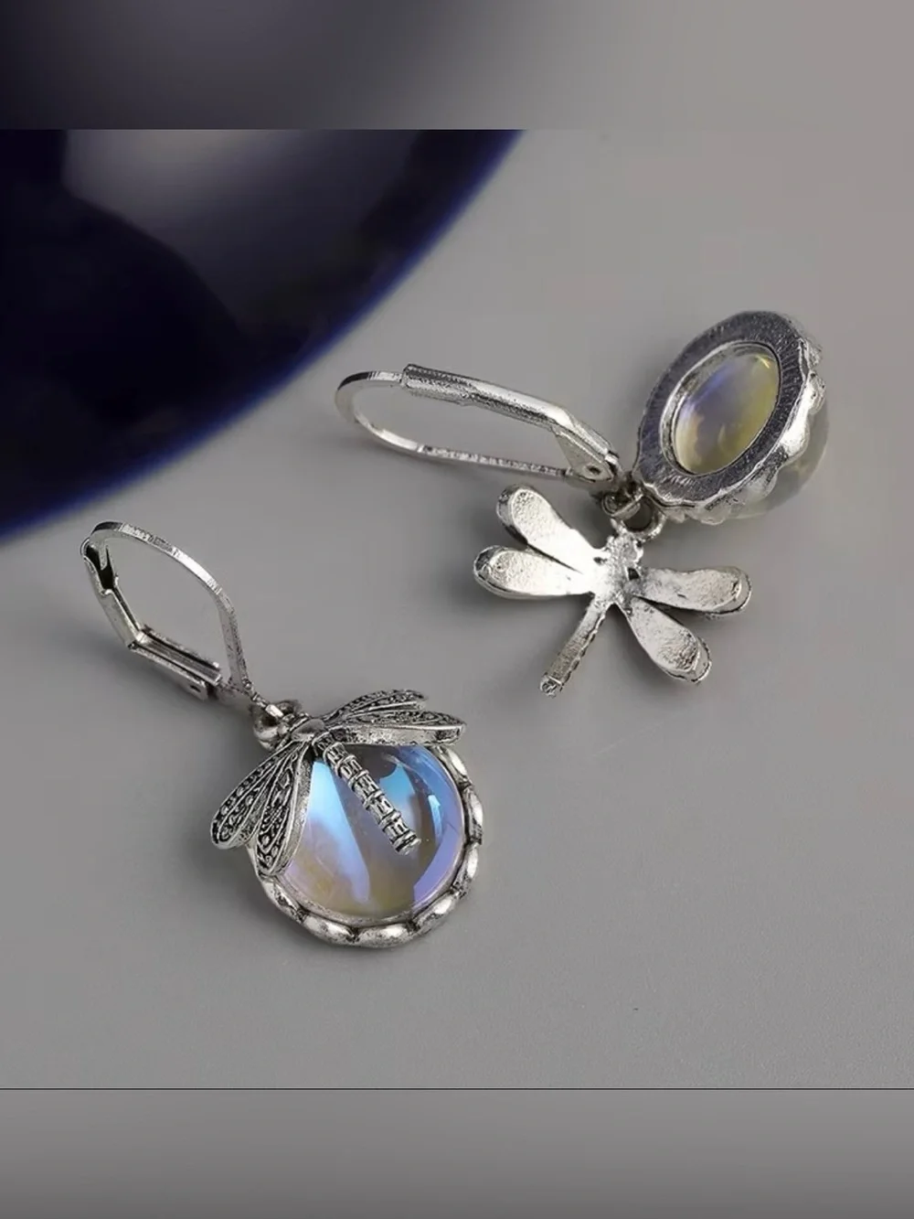 New! Trendy Silver Dragonfly Dangle Earrings with Blue Iridescent Crystal.